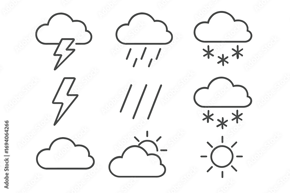 Poster weather forecast line icon set. collection of simple outline symbols for meteorology. sun, cloud, ra