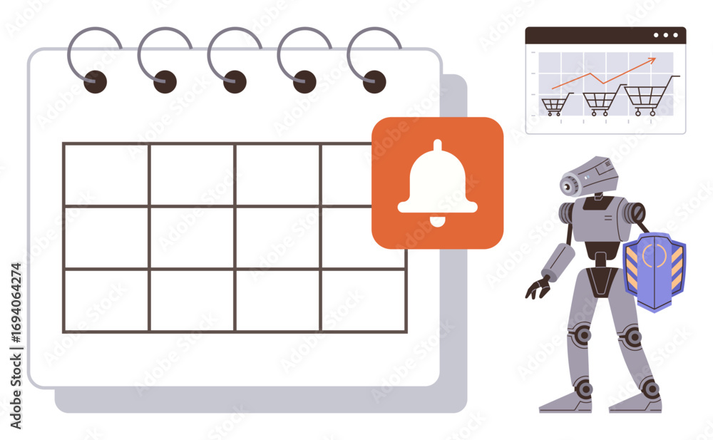Aufkleber calendar with notification icon, robot ai assisting, e-commerce analytics graph. ideal for productiv