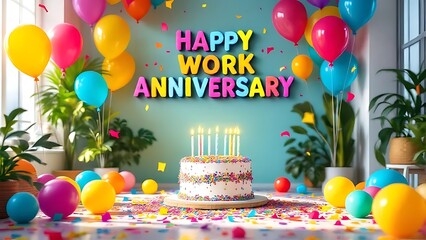 Colorful work anniversary celebration with balloons, cake, candles, and confetti in a festive office atmosphere. Perfect for workplace celebration themes