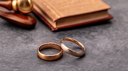 Gold wedding rings rest near a gavel and a lady justice statue, with an open book providing a scholarly backdrop to the scene