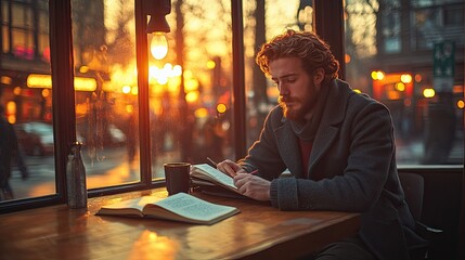 Focused Man Reads in Cafe at Sunset