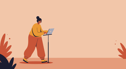 A focused individual works on a laptop at a standing desk, embodying remote productivity, modern lifestyle, and technology. Ideal for business and learning concepts.