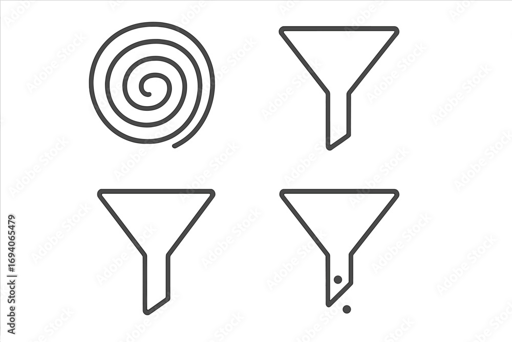 Poster filter and funnel line icon set. vortex, spiral, and funnel outline signs for web design. data proce