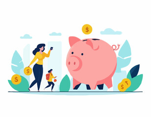 People putting savings in piggy bank vector illustration