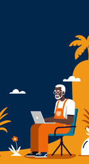 An elderly Black man works on a laptop in a relaxed outdoor setting with a palm tree, symbolizing remote work, freedom, and digital lifestyle. Ideal for business, technology, or travel concepts.