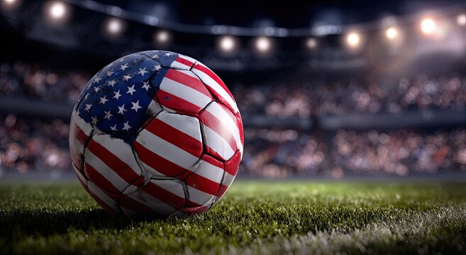 Soccer ball with American flag design in a stadium