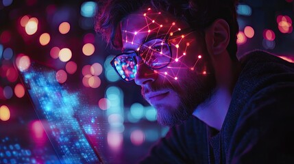 Focused Man with Facial Tech at Night