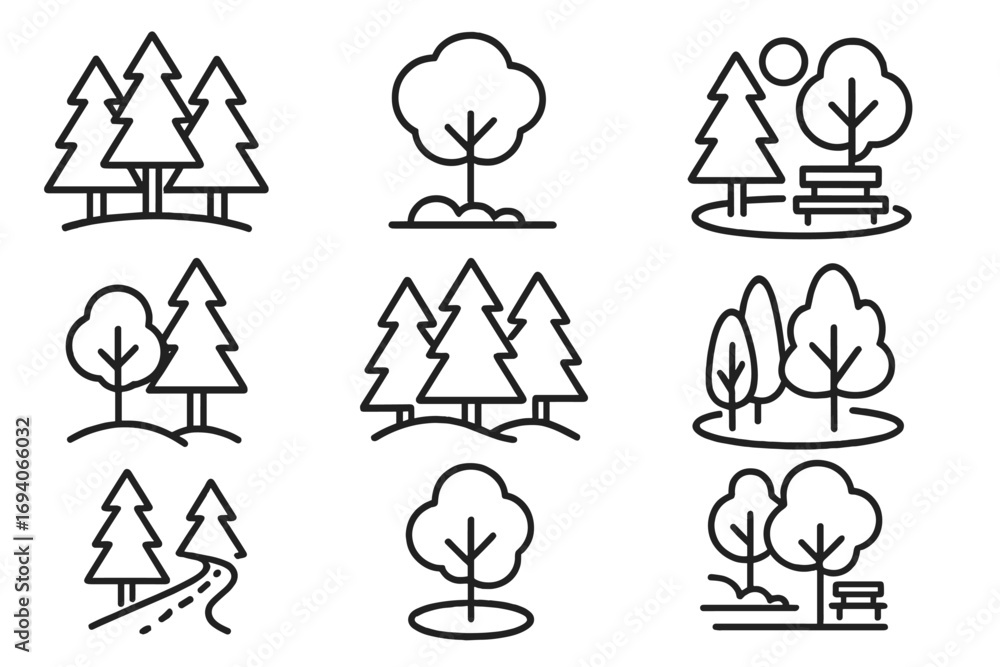 Poster forest trees and park simple line icon collection. vector set of minimal nature landscape symbols. o