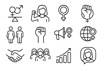 Gender equality and feminism line icon set. Women empowerment, rights, and activism symbols. Female power, protest, social justice, and equal opportunity vector collection.