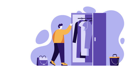 Man choosing clothes from a wardrobe, illustrating daily routine, personal style, and getting ready for the day. Ideal for lifestyle and organization.
