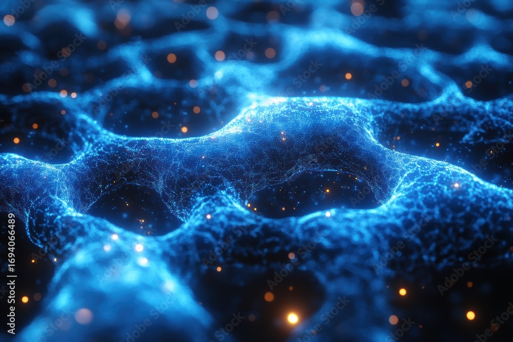 Poster vivid blue neon neural network structure showcasing dynamic movement and flow
