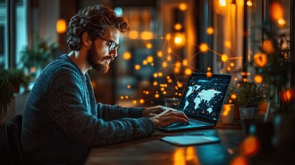 Focused man working on laptop at home, world map graphic, warm ambient light, plants in background, potential for work-from-home, freelance, study, and design concepts