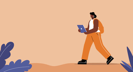 Person walking outdoors with a tablet, representing remote work, digital learning, and modern lifestyle connectivity. Ideal for business, education, or travel themes.