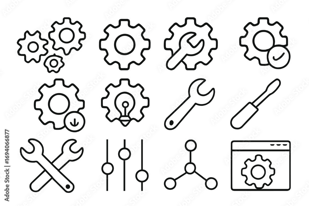 Poster mechanism and settings editable stroke line icon set. gear, cog, wrench, and tools for configuration