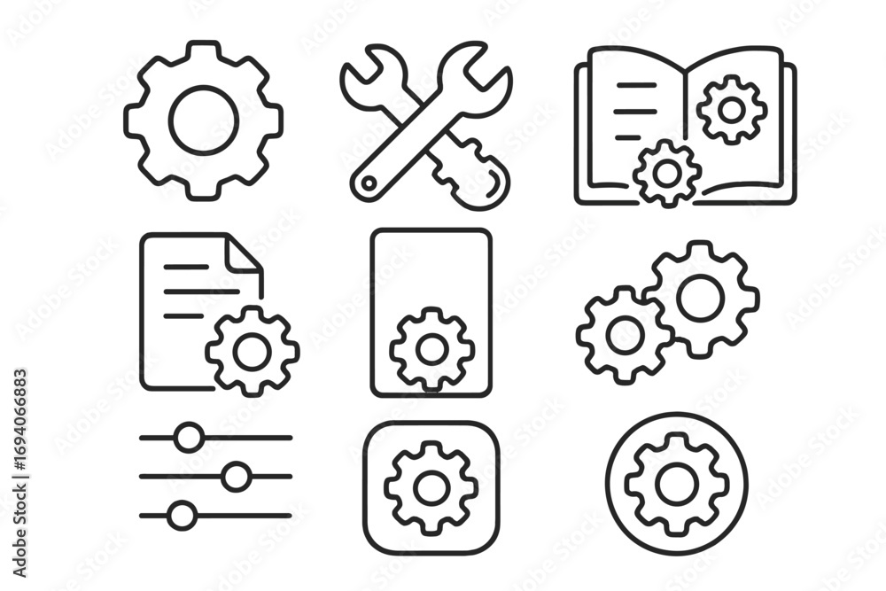 Poster settings and mechanism line icon set. technical vector icons for setup, preferences, and repair. gea