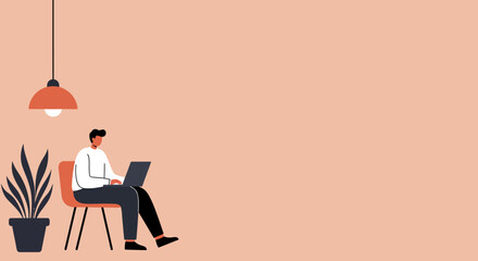 Minimalist illustration of a man working on a laptop in a cozy home setting. Ideal for remote work, online learning, digital business, and modern lifestyle content.