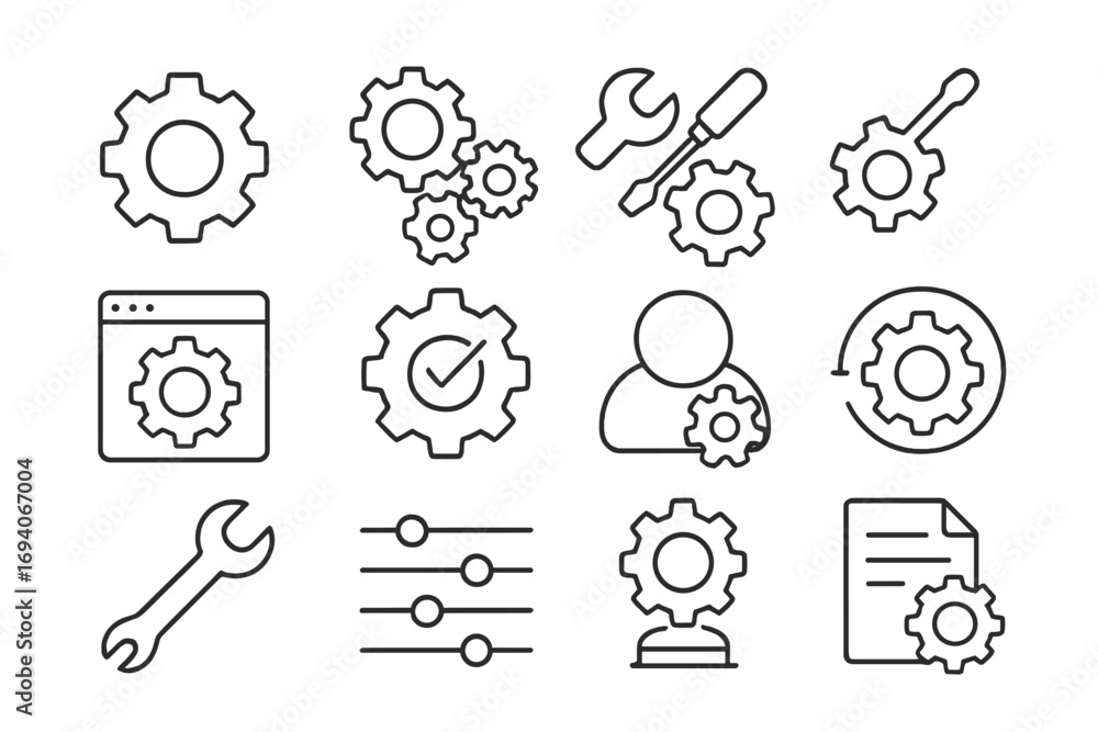 Poster settings and mechanism line icon set. gear, cog, tools for configuration, setup and maintenance. vec