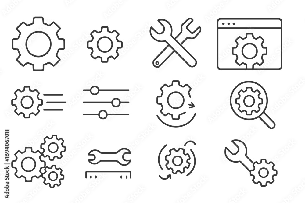 Poster mechanism and settings thin line icons. gear, cogwheel, wrench for repair, and maintenance. configur