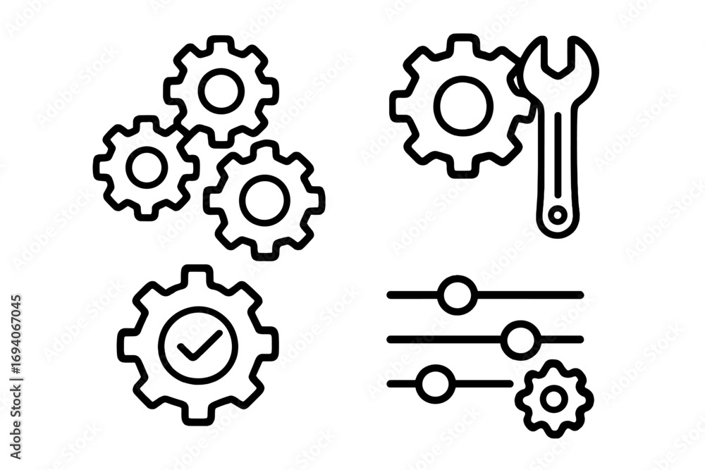 Poster mechanism settings icon set. gear cogwheel icons. configuration and setup symbol. wrench for repair 