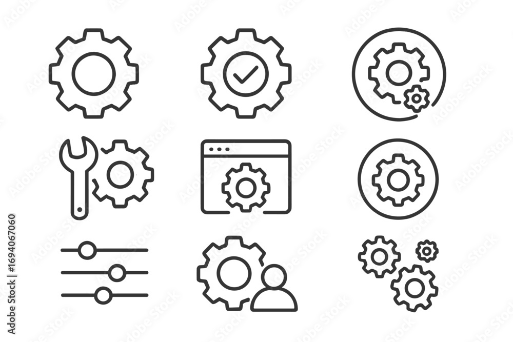 Poster settings and options line icon set. gear, cog, and mechanism symbols for ui design. includes setup, 