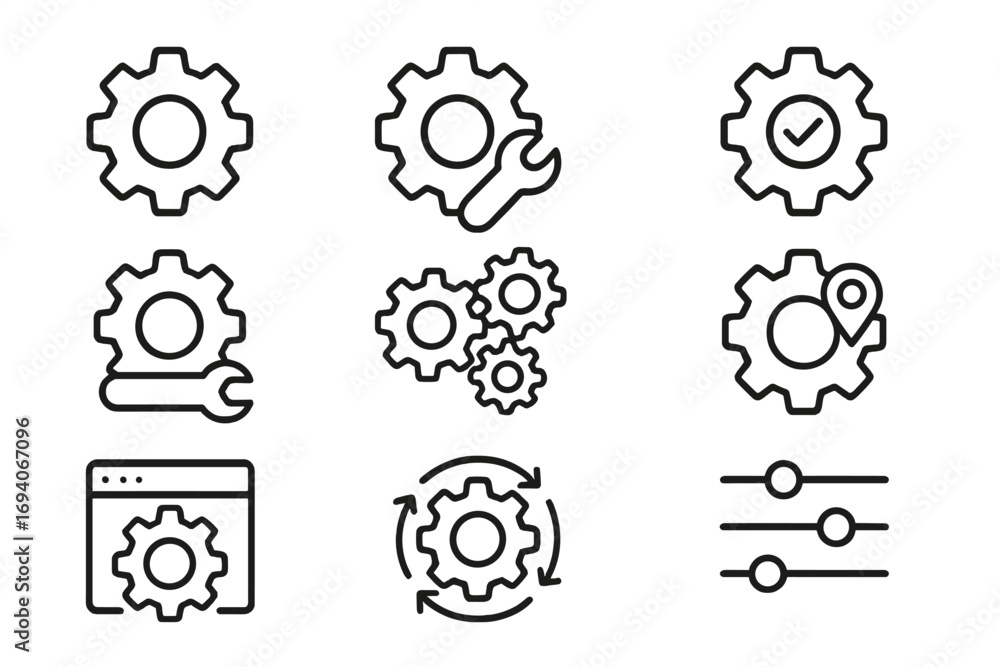 Poster settings and mechanism line icon set. gear, cog, wrench for repair, setup, and configuration. proces