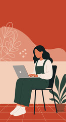 Illustrated woman working diligently on a laptop in a modern, minimalist home office. Captures remote work, productivity, and contemporary lifestyle concepts.