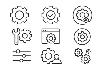Settings and options line icon set. Gear, cog, and mechanism symbols for UI design. Includes setup, control panel, preferences, process, and user management. Editable stroke vector.
