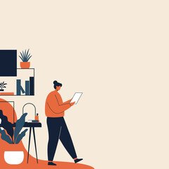 Woman using a tablet in a modern home office setting, representing remote work, online learning, or digital business.