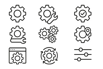 Settings and mechanism line icon set. Gear, cog, wrench for repair, setup, and configuration. Process workflow, UI, UX and web app development editable stroke vectors.