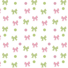 Pink and green bow seamless pattern with polka dots – cute festive background for baby shower, kids decor, wrapping paper and fabric