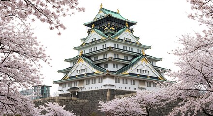 Fototapeta premium 桜満開 春の城 優雅な佇まい 白亜の天守閣 (Sakura mankai haru no shiro yugana tatamai hakua no tenshu kaku) Translation: Cherry blossoms in full bloom, spring castle, elegant appearance, white castle tower.. AI Generated