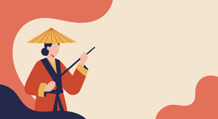Illustration of a woman in traditional Asian clothing and a conical straw hat, holding a pole. Represents Eastern culture, travel, and heritage with copy space.
