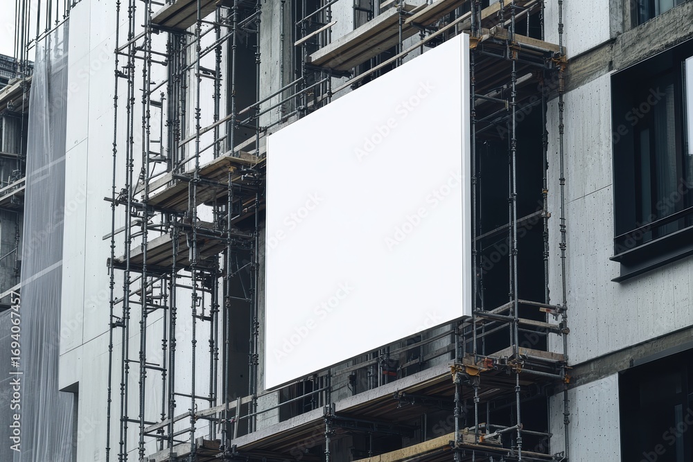 Poster graphic layout for advertising displayed on scaffolding of a building under construction