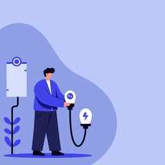 Man connecting lightbulbs to a power source, symbolizing innovative ideas, sustainable energy, and technological solutions for business and environment.