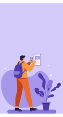 Person with backpack uses a smartphone and points at a tablet displaying a search interface, representing digital learning, online information access, or travel planning.