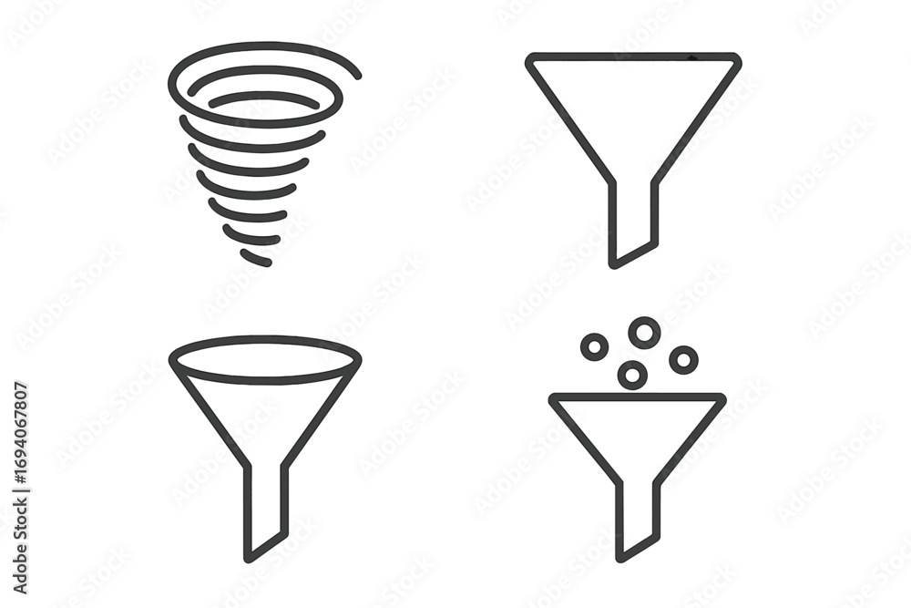 Poster funnel icon set for data filtering and sales conversion. lead generation and marketing process. torn
