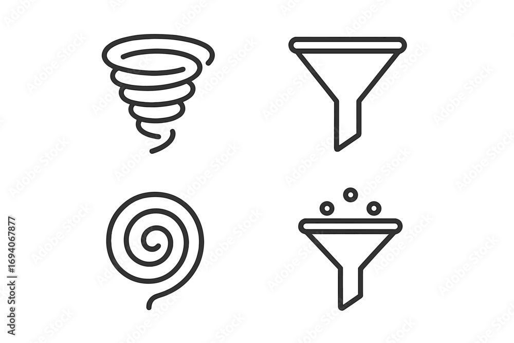 Aufkleber filter and funnel line icon set for data processing. vector outline symbols of vortex, spiral, and c