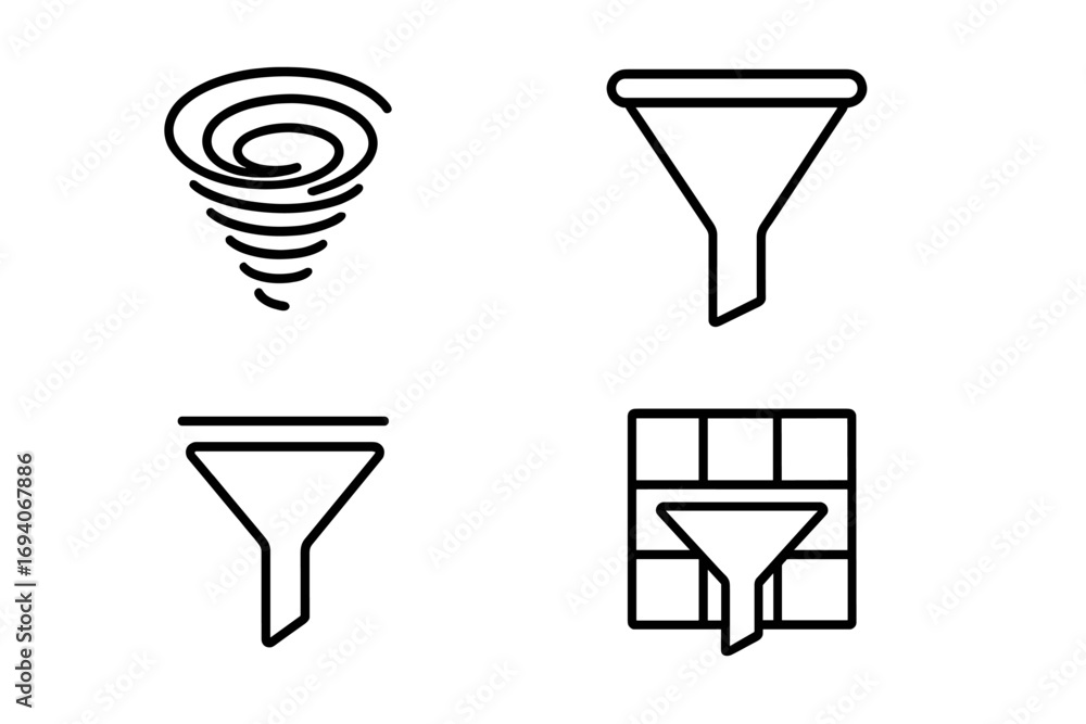 Poster filter and funnel line icon set for data processing and lead conversion. vector outline signs includ