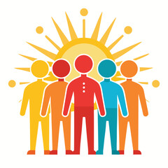 Diverse group of people standing together with a bright sun