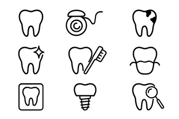 Dentistry related line icons. Teeth, dental floss, caries, cleaning outline signs. Stomatology, orthodontics, hygiene concepts. Vector icon set for dentist, clinic, web.