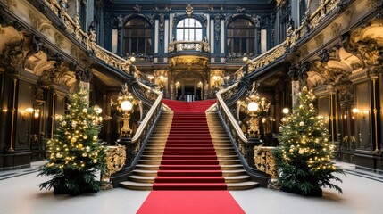 A majestic staircase with a red carpet and gold details, surrounded by Christmas trees and wreaths, exuding festive charm in a lavish palace setting