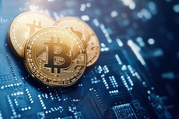 Digital cryptocurrency coins representing Bitcoin on a circuit board background