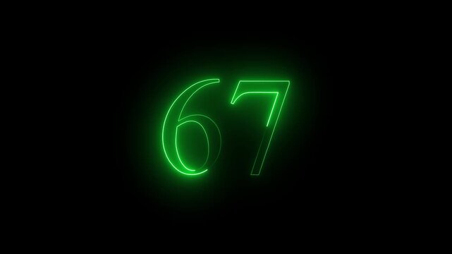 A dynamic motion, and glowing neon number 67 animation . on a black background