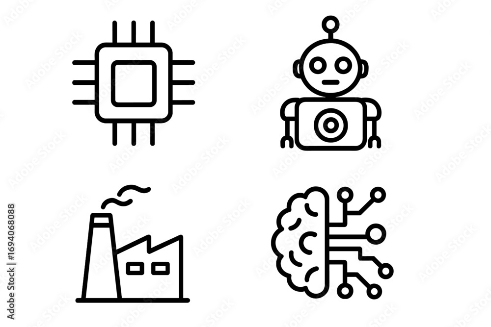 Poster set of technology line icons. chip, robot, factory, artificial intelligence outline signs. vector sy