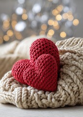 A charming red heart-shaped crocheted decoration rests atop cozy beige knitted fabric, bathed in soft, warm light.