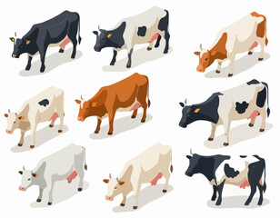 Isometric 3d vector set of cows.
