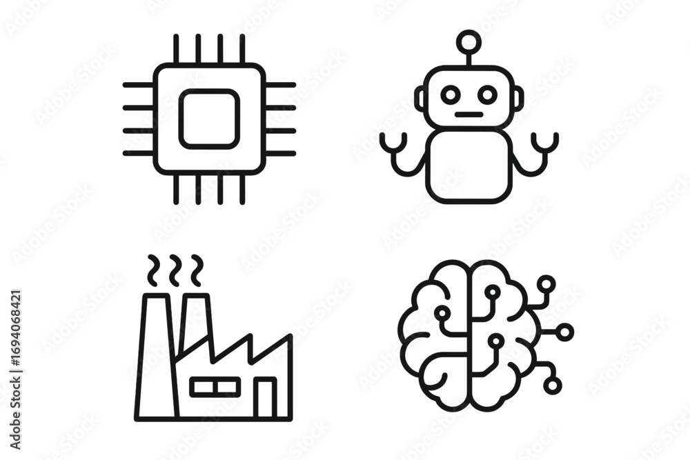 Poster technology line icon pack. chip processor, robot, factory industry, ai brain symbols. vector outline