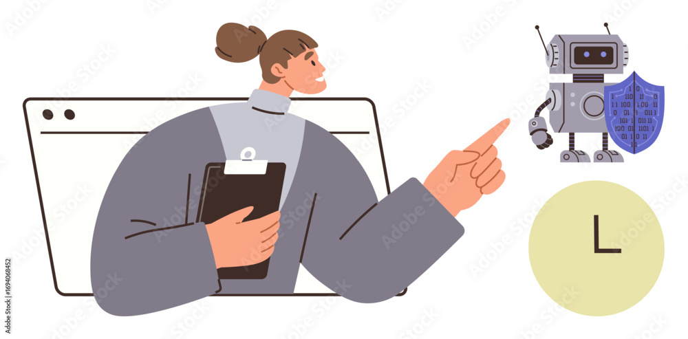 Poster professional analyzing clipboard data, pointing at robot with shield, clock symbolizing protection, 