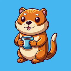 Cute otter enjoys warm coffee with a happy smile