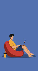 Person sits comfortably on a red bean bag, working or studying with a laptop. Illustrates remote work, online learning, casual business, or leisure.